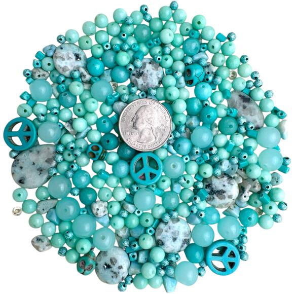 Turquoise Blue Bead Mix Lot - Peace Signs, Skulls, Stones, Glass, Acrylic Boho - Picture 7 of 7